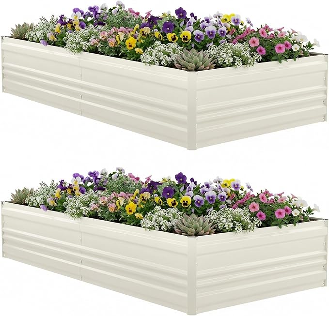 WORKPRO 2PK 7.5x4x1ft Outdoor Galvanized Raised Garden Bed, Rust-Resistant Planter Raised Beds for Vegetable, Flowers, Herbs, White