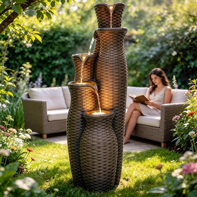 Autodaya 5-Tier Faux Rattan Vase Water Fountain Outdoor with LED Lights | Polyresin Cascading Waterfall Feature, Unique Natural Water Feature, Tranquil Oasis for Garden, Patio Yard Porch Decor, 33"H