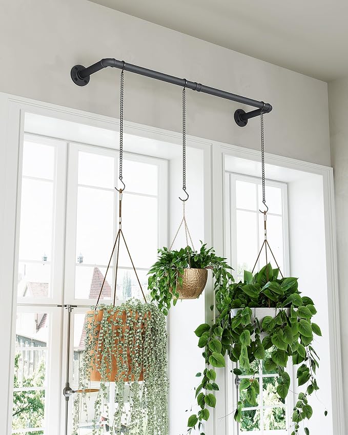 SOFITORG 38.2" Metal Plant Hanging Rod with 3 Chains, Pots Not Included | Wall Plant Hanging Bar, Durable Hanging planter holder for Window Ceiling, Easy Assembly, All Hardware Included, Black