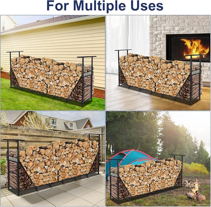 HONEST OUTFITTERS 8ft Firewood Rack Outdoor, Adjustable Heavy Duty Firewood Holder, Adjustable Wood Racks for Outdoor Indoor, Metal Log Racks for Firewood with Firewood Bag Carrier, Black