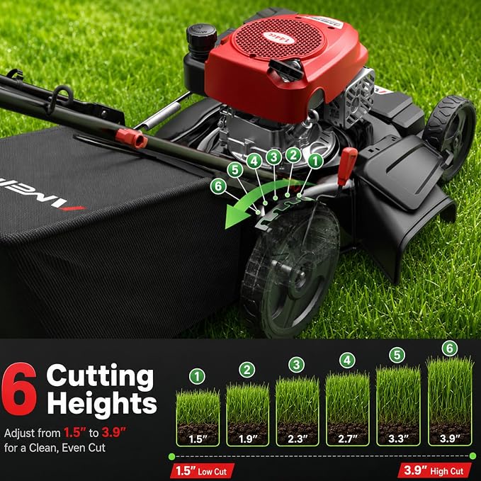 AMERISUN 21” Gas Push Lawn Mower, 144cc 4-Stroke OHV Engine, 3-in-1 Mulching/Side Discharge/Rear Bag, 6-Height Adjustment, High Wheel Walk-Behind Lawn Mower for Medium to Large Yards