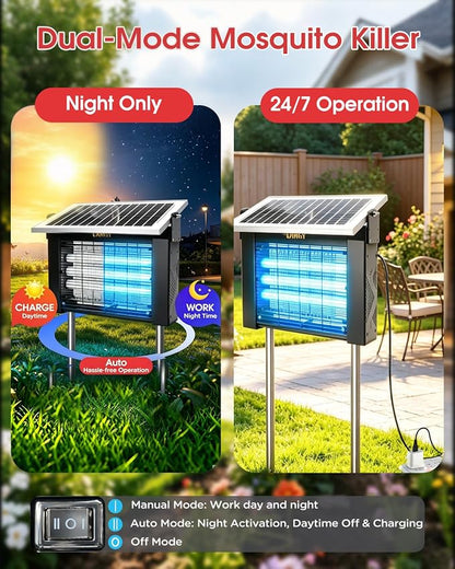 LANGY Solar Bug Zapper Outdoor, Upgrade 3-Tube 365nm Solar Mosquito Zapper Outdoor, 5000mAh Rechargeable 4500V Electric Fly Zapper Mosquitos Trap w 16.4ft Cord Auto On/Off for Yard Patio Camping