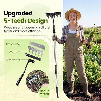 Iron Weeding Rake with Long Handle - Upgraded Rake 5 Teeth Weed Puller Tool, Heavy Duty Manual Weeder Remover Tool for Weeding, Cultivating & Soil Aeration