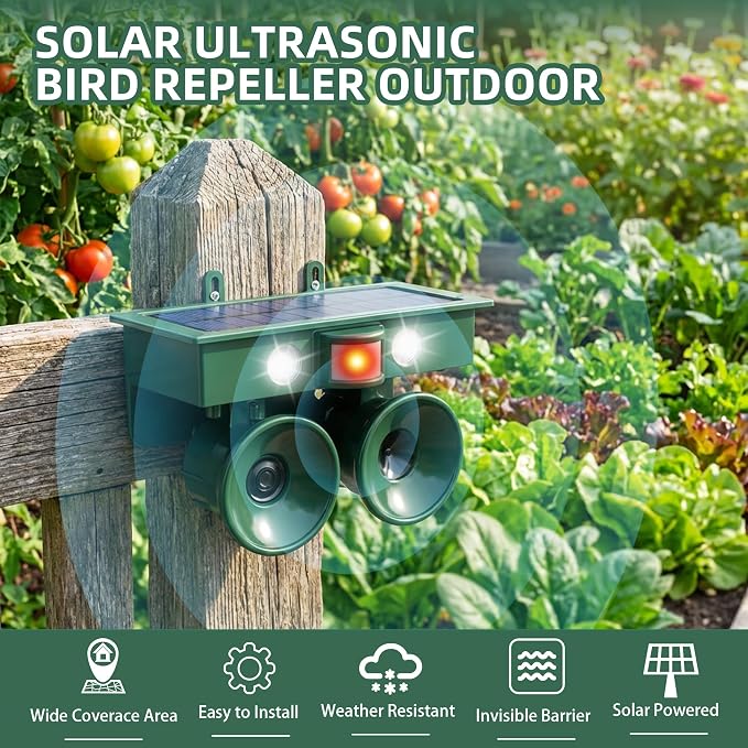 2026 Solar Ultrasonic Bird Repellent Devices Bird Deterrents for Outside IP65 Pigeon Repeller Outdoor Animal Repellent to Keep Woodpecker Pigeon Out of Balconies Patio Garden Farm