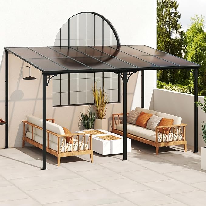 Tangkula 10x13 Ft Lean-to Wall-Mounted Gazebo, Large Hardtop Pergola with Sloped Polycarbonate Roof, Aluminum & Metal Frame, Heavy-Duty Permanent Shelter for Deck Porch Backyard (Black,10x13 FT)