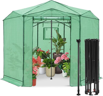 EAGLE PEAK 8.5x8.5 Portable Walk in Greenhouse, Pop Up Indoor Outdoor Greenhouse, Green House Kit with Zippered Roll-Up Doors and Windows, Hexagon Design, PE Cover, Clear/Green