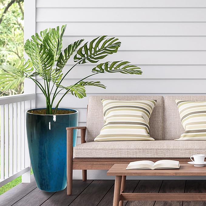 2 Packs 21 inch Tall Planter, Indoor Outdoor Round Planter for Porch, Large Plant Pot with Drainage Hole for Home Garden Front Door, Modern Decorative Pots for Plants (Blue)