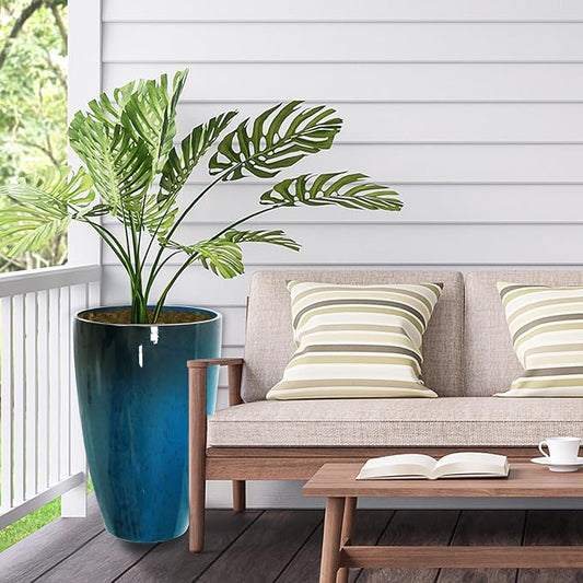 2 Packs 21 inch Tall Planter, Indoor Outdoor Round Planter for Porch, Large Plant Pot with Drainage Hole for Home Garden Front Door, Modern Decorative Pots for Plants (Blue)