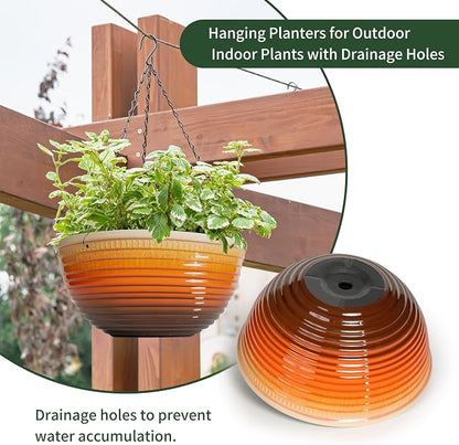 Vanslogreen 12 inch Hanging Planters for Indoor Outdoor Plants, 2 Pack Large Hanging Flower Pots with Drainage Holes and Chain, Glazed Hanging Baskets for Home Garden Decoration, Orange