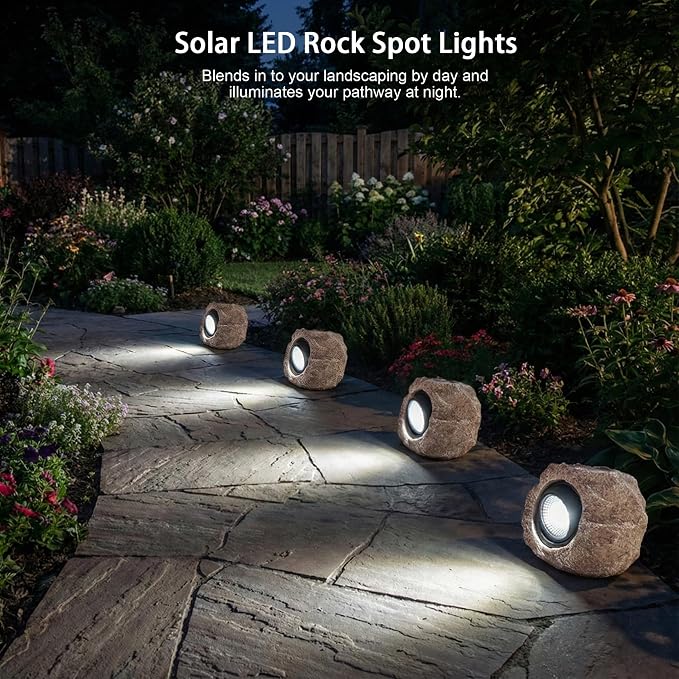 Solar Rock Lights Outdoor – 2 Pack Waterproof LED Landscape Garden Spotlights, Realistic Stone Design, Wireless Solar Powered Pathway Lights for Yard, Walkway, Patio & Lawn Decoration (Auto On/Off)