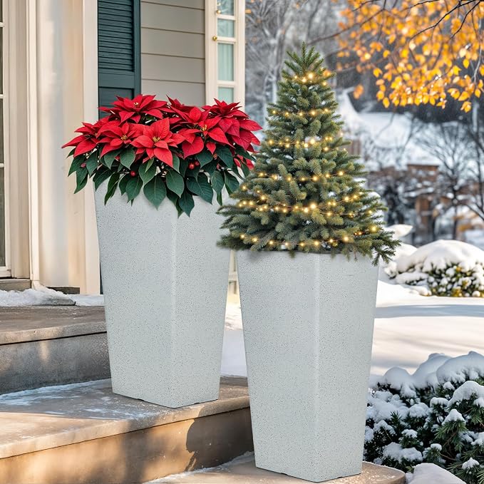 Autodaya 28" Extra-Large White Tall Planters Set of 2 Flower Pots | Tall White Planters for Outdoor Plants, Balcony, Porch, Living Room Corner, Garden, Patio, Deck, or Entryway Decor