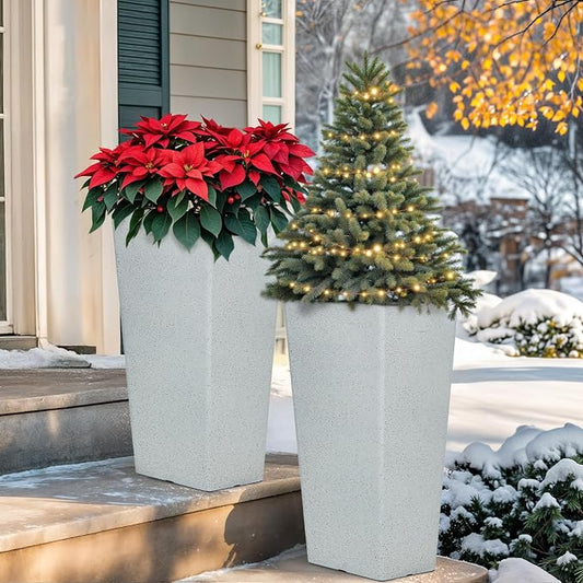 Autodaya 28" Extra-Large White Tall Planters Set of 2 Flower Pots | Tall White Planters for Outdoor Plants, Balcony, Porch, Living Room Corner, Garden, Patio, Deck, or Entryway Decor