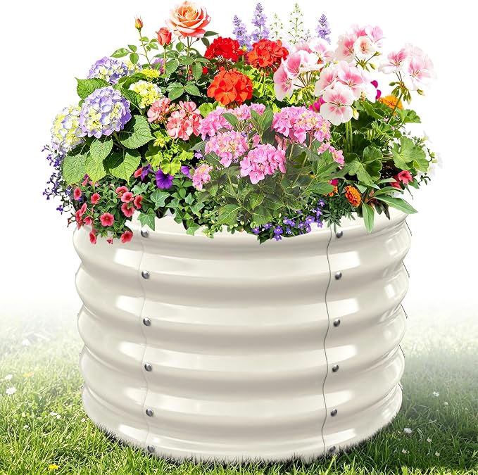 24" Diameter Round Raised Garden Bed - 17 Inch Tall, Heavy-Duty Galvanized Steel Planter Box with Wave-Shaped Panels for Vegetables, Herbs & Flowers (1, White, 24 Inch Diameter)