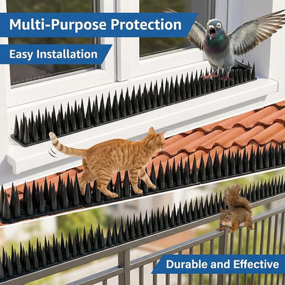 Bird & Animal Deterrent Spikes, 20 Packs Outdoor Plastic Spike Strips for Roof, Ledges, Fence, Walls & Railing, Humane Squirrel, Raccoon & Pigeon Barrier, 20 FT Coverage, Black