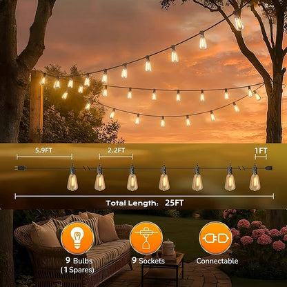 GPATIO Outdoor String Lights, 25FT Shatterproof Patio Lights, IP65 Waterproof Dimmable Outside Hanging Light, Connectable LED Outdoor Lights for Backyard, Porch, Deck, Balcony, Garden, Home Decor