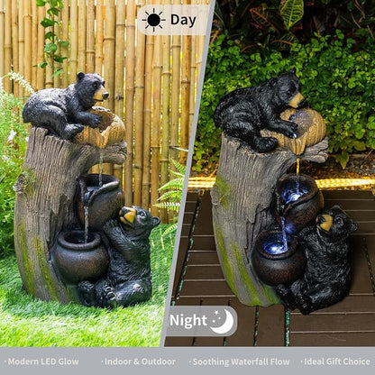 23.6'' Bear Outdoor Water Fountain with LED Lights, Cascading Resin Garden Waterfall Fountain with Pump, Cute Animal Water Feature for Patio Yard Backyard Balcony Decor