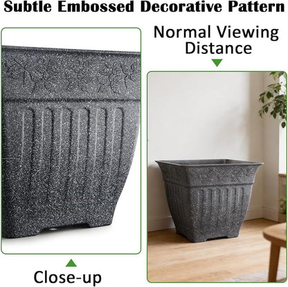 18" Large Square Planter for Plants - 4 Pack Imitation Cement Plastic Flower Pots with Drainage Holes & 2cm Raised Base, 14 Gal Decorative Stone Like Garden Pot, Retro Plant Container (15" Tall)