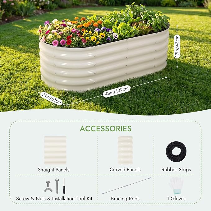 INNO STAGE Galvanized Raised Garden Bed Kits, 4x2x1.4FT Metal Raised Beds Outdoor for Gardening, 17'' Tall Large Steel Raised Planter Bed for Vegetables, Flowers Patio Ground Planter Box (White, 2Pcs)