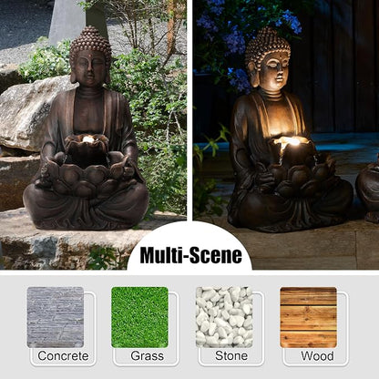 Glitzhome Buddha Fountain with Pump & LED Light, 2 Tier Zen Style Meditating Buddha Water Fountain Outdoor Fountains and Waterfalls Floor Fountains Buddhas Statues for Garden Patio Backyard 23.25" H