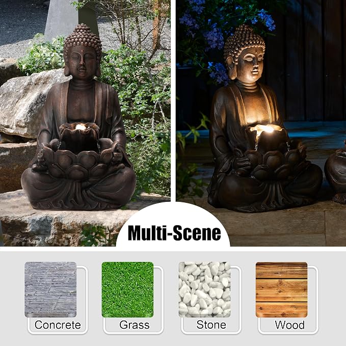 Glitzhome Zen Style Meditating Buddha Statue Fountain Polyresin Outdoor Decoration with Pump and LED Light, 23.25" H