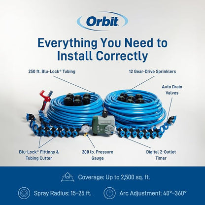 Orbit 2-Zone All-in-One Automatic Watering System - Automatic Sprinkler System for Yard Irrigation Setup - DIY Lawn Kit - Double Outlet Hose Timer - Easy Push-Fit Technology - Large Coverage - 50021