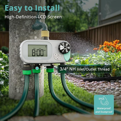 QUOBAS Sprinkler Timer for Garden Hose with Child Lock, Programmable Brass Digital Water Timer 4 Zone for Drip Irrigation, Pool, with Rain Delay/Auto/Manual, Waterproof Screen & Battery Powered