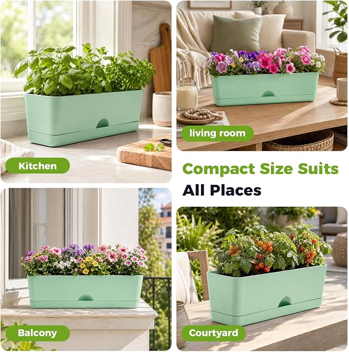 6 Pack Rectangle Planter 16x4.4 Inch Window Boxes Planters Rectangular Window Sill Planters Indoor Self Watering Plant Pots with Drainage Holes and Saucers Succulent Herb Flower Pots, Green