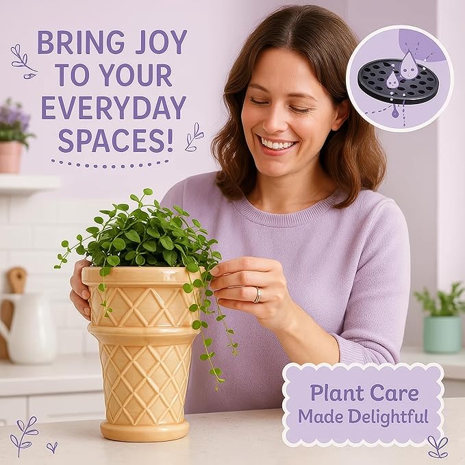 Nebula Colors Fun&Unique Ice Cream Cone Flower Planter Charming 7inch tall x 3.5inchbottomwide x 5.3inchupperwide Ceramic Vase for Indoor & Outdoor Home Decor-Quirky Retro Garden Art for Plant Lovers