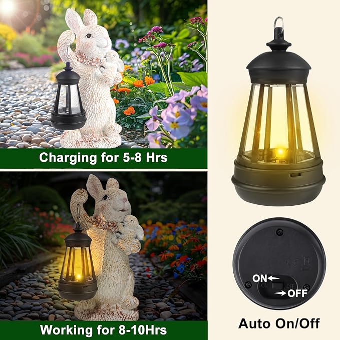 Solar Garden Statues Rabbit Lights, Outdoor Lighted Bunny Garden Decor Waterproof Figurines for Patio Porch Balcony Yard Lawn Lantern, Unique Easter Gifts for Mom Grandma Mother