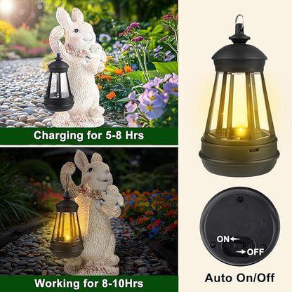 Solar Garden Statues Rabbit Lights, Outdoor Lighted Bunny Garden Decor Waterproof Figurines for Patio Porch Balcony Yard Lawn Lantern, Unique Easter Gifts for Mom Grandma Mother