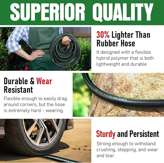 Garden Hose 25 ft x 5/8" with Nozzle, Water Hose Heavy Duty Flexible, Lightweight Kink-less Hybrid Hose with Swivel Handle, Male to Female Fittings