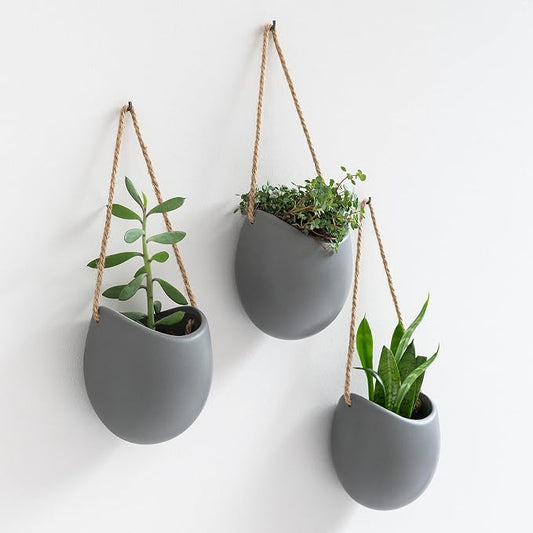 Kazai. Wall Planters -Ellie- | Hanging Ceramic Plant Pots 3 Pieces | Wall Decoration for Indoors, Balcony and Garden | Gray (Matte)