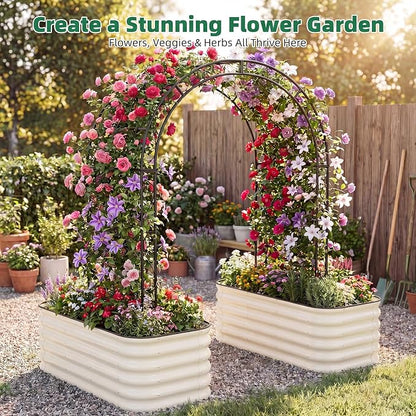 3 Pcs Raised Garden Beds Outdoor, 17" Tall 3-in-1 Modular 4x2ft Galvanized Metal Planter Box with Bracing Rods and Gloves for Vegetables Flowers Herbs, White