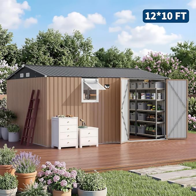 Garvee 10 x 12 FT Heavy-Duty Metal Outdoor Storage Shed with Motion Sensor Solar Light and Window,Pegboard Tool Organizer, Lockable Doors and 4 Air Vents, Garden Shed for Patio, Garage, Backyard