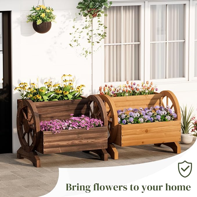 Wooden Wagon Planter Flower Cart with Wheels Garden Box Garden Planter, Decorative Planter for Flowers Herbs Vegetables for Indoor & Outdoor Décor Flower Cart for Patio Garden Balcony (Brown)