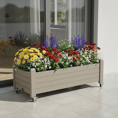 Raised Garden Bed with Wheels Outdoor, Resin Planter Box with Drain Hole and Water Level Detector for Backyard, Patio, Balcony, Gray(13.3" H)