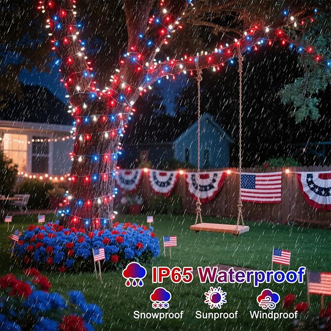 Red White and Blue Lights, 66FT 200 LED 4th of July String Lights Outdoor, Waterproof 8 Modes Connectable Plug In Patriotic Decorations Light for Indoor Independence Memorial Day Party Holiday