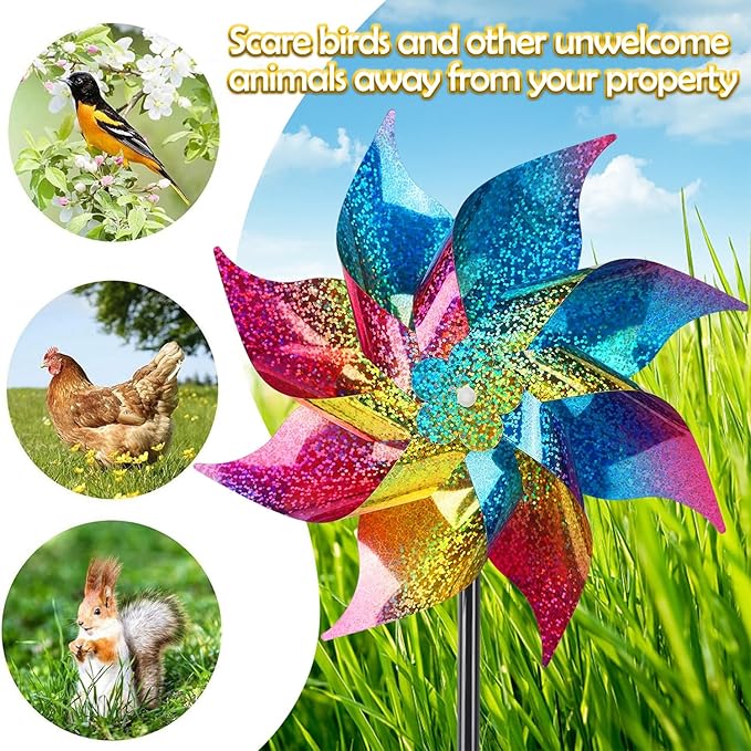 Hausse 12 Pack Reflective Pinwheels with Stakes (Pre-Assembled), Extra Sparkly Rainbow Pin Wheel for Garden Decor, Bird Repellent Devices Deterrent to Scare Birds Away from Yard Patio Farm, Colorful