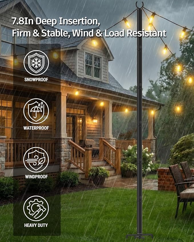 LAND·VOI Outdoor String Light Poles 2 Pack, Heavy Duty String Light Poles for Outside with 5-Prong Base & Adjustable Height, Perfect for Backyard, Patio, Garden, Fence and Party Decor