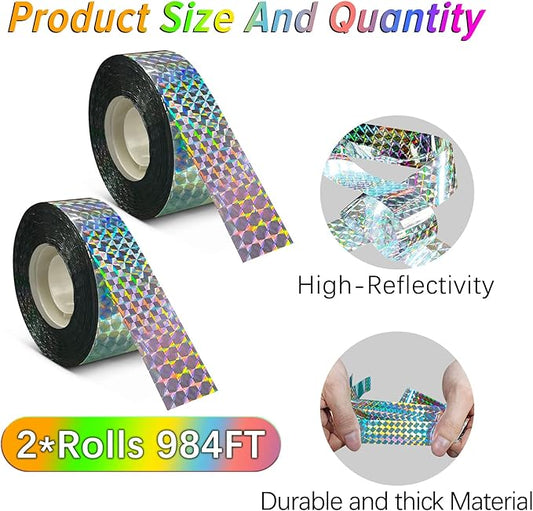 Benasan [984FT] Effective Birds Scare Reflective Ribbon Reflectors,Dual-Sided Flashing Streamers to Keep Pigeons, Hawks, Woodpeckers, Geeses Away from Trees Plants Crops Garden Porch,2*Rolls