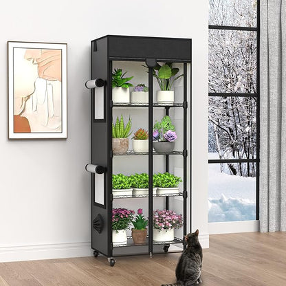 Small Greenhouse for Indoors, 5 Tier 23.1" L×13.2" W×61.2" H | adjustable shelves，Portable Greenhouse with Wheels，for Growing Flowers and Seedlings
