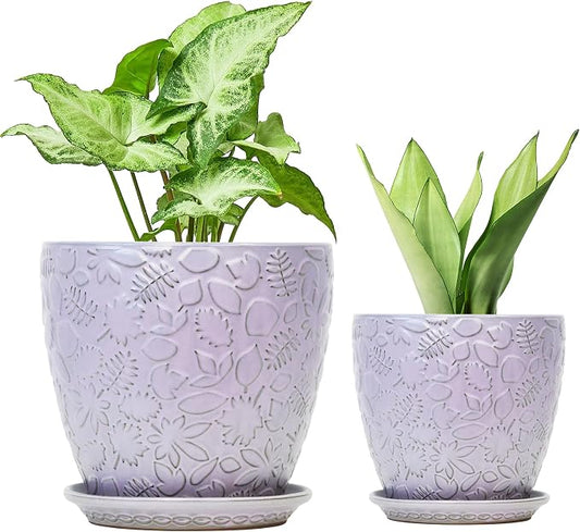 8 Inch + 6 Inch Retro Ceramic Planter Set of 2 with Drainage Hole and Saucer for Multiple Plants, Indoor-Outdoor Garden Pots for Succulent, Orchid, and Flower (Retro Purple)