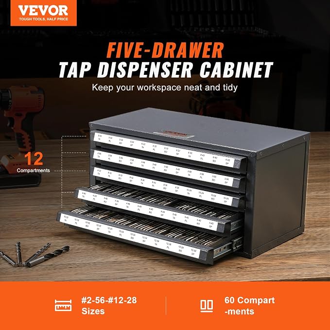 VEVOR Five-Drawer 2-56-#12-28 Steel Dispenser Organizer Labels, 60-Compartment Stackable Cabinet for Tap Storage, Gray with Orange Texture