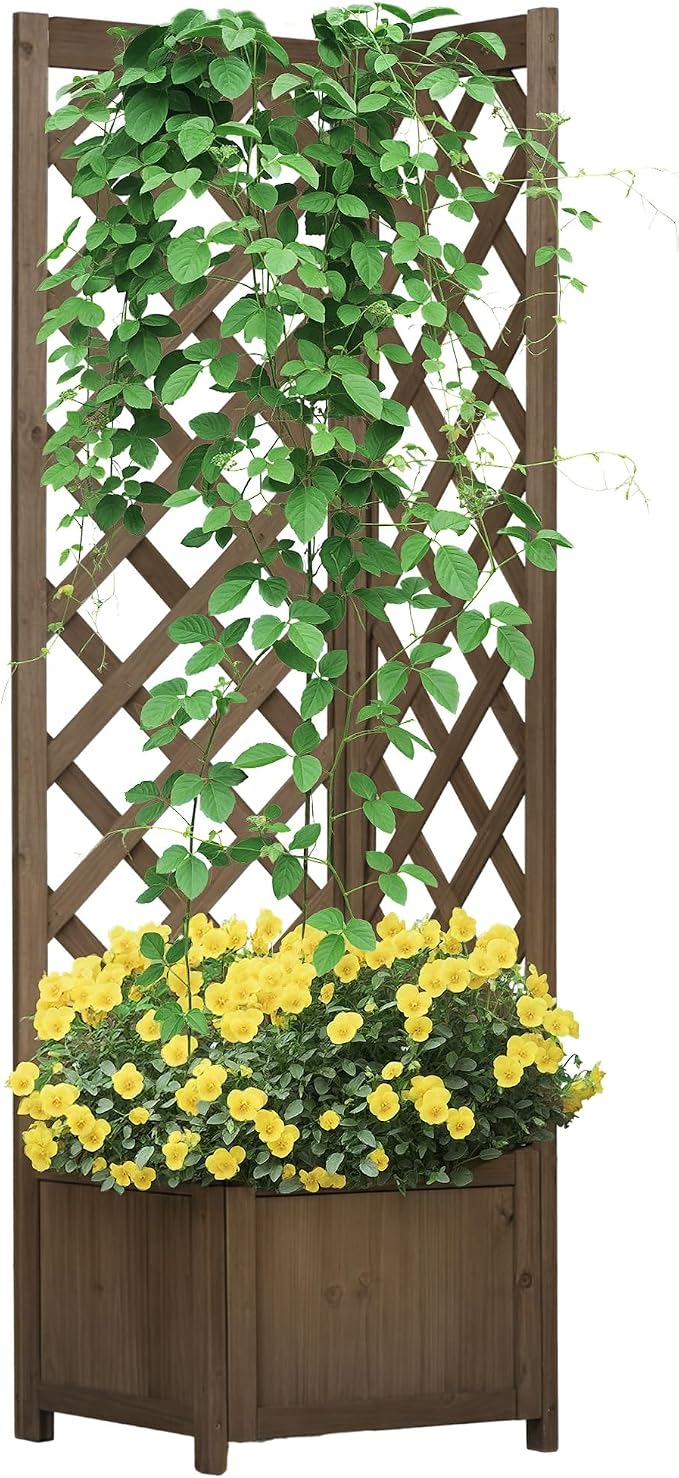 Outsunny Wooden Raised Garden Bed with Trellis, 57" Freestanding Corner Planter Box for Vine Plants Flowers Climbing and Planting Carbonized