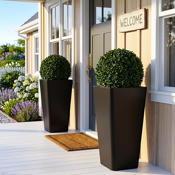 KOL Planters for Outdoor Plants, 28 Inch Tall Black Flower Pots 2 Pack, Large Plastic Plant Pots with Drainage Hole and Dual-Purpose Tray, Decorative Indoor Planter for Front Porch Patio Garden