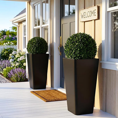 KOL Planters for Outdoor Plants, 28 Inch Tall Black Flower Pots 2 Pack, Large Plastic Plant Pots with Drainage Hole and Dual-Purpose Tray, Decorative Indoor Planter for Front Porch Patio Garden