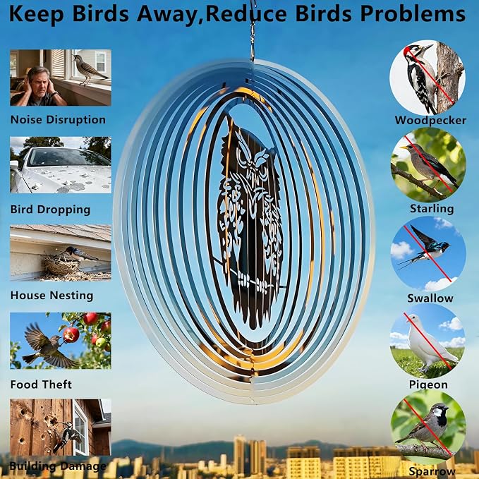 2pcs Owl Scarecrow Bird Scare Devices to Keep Woodpecker, Pigeons,Crow,Sparrow Away from House,Patio,Backyard,Bird Deterrents for Outside,Reflective Stainless Steel Wind Spinners Outdoor Garden Décor