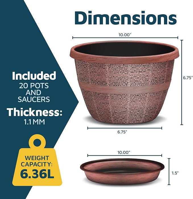 10-Inch Whiskey Barrel Planters Outdoor Pack of 20 - Durable Plastic Plant Pots for Indoor & Outdoor Use with Drainage & Saucer, Lightweight Rustic Barrel Planters for Flowers, Herbs & Small Plants