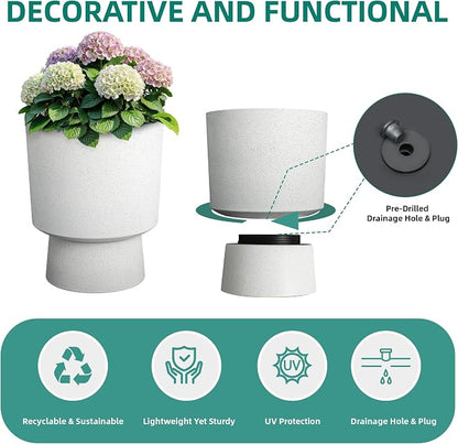 2-Pack 16.75" White Terrazzo Urn Planters with Detachable Bases | Set of 2 PP urn planters with white terrazzo finish, detachable bases, drainage plugs, and UV-treated surface for porch