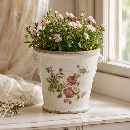 Dosayes Vintage Ceramic Flower Pot with Drainage Holes and Handle,Ice Crack Country Rustic Planters for Indoor Outdoor,Tuscan Decor,Home and Garden Decor,Gardening Present